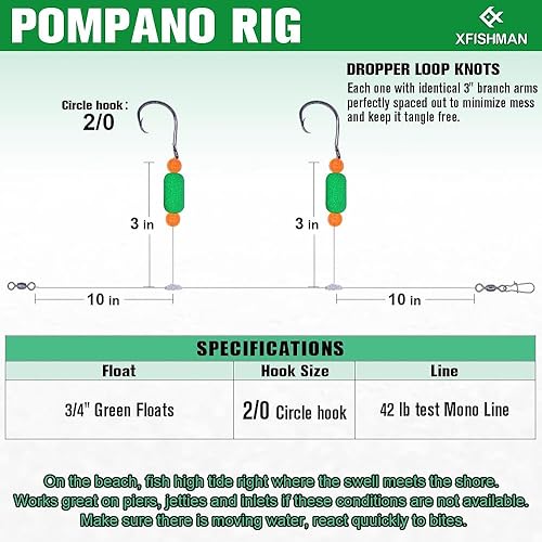 Miniatura 4 de Pompano-aparejos para surfear, pesca y agua salada, equipo con doble círculo y gancho de espacio ancho, paquete de 6 aparejos de pesca de surf