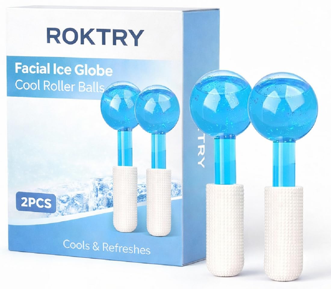 ROKTRY 2PCS Facial Ice Globes Cooling Roller Balls for Face Eyes and Neck–Professional Skin Massager for Puffiness Relief, Pore Tightening, Lymphatic Drainage & Dark Circles–Blue Glass Beauty Tools-image-27