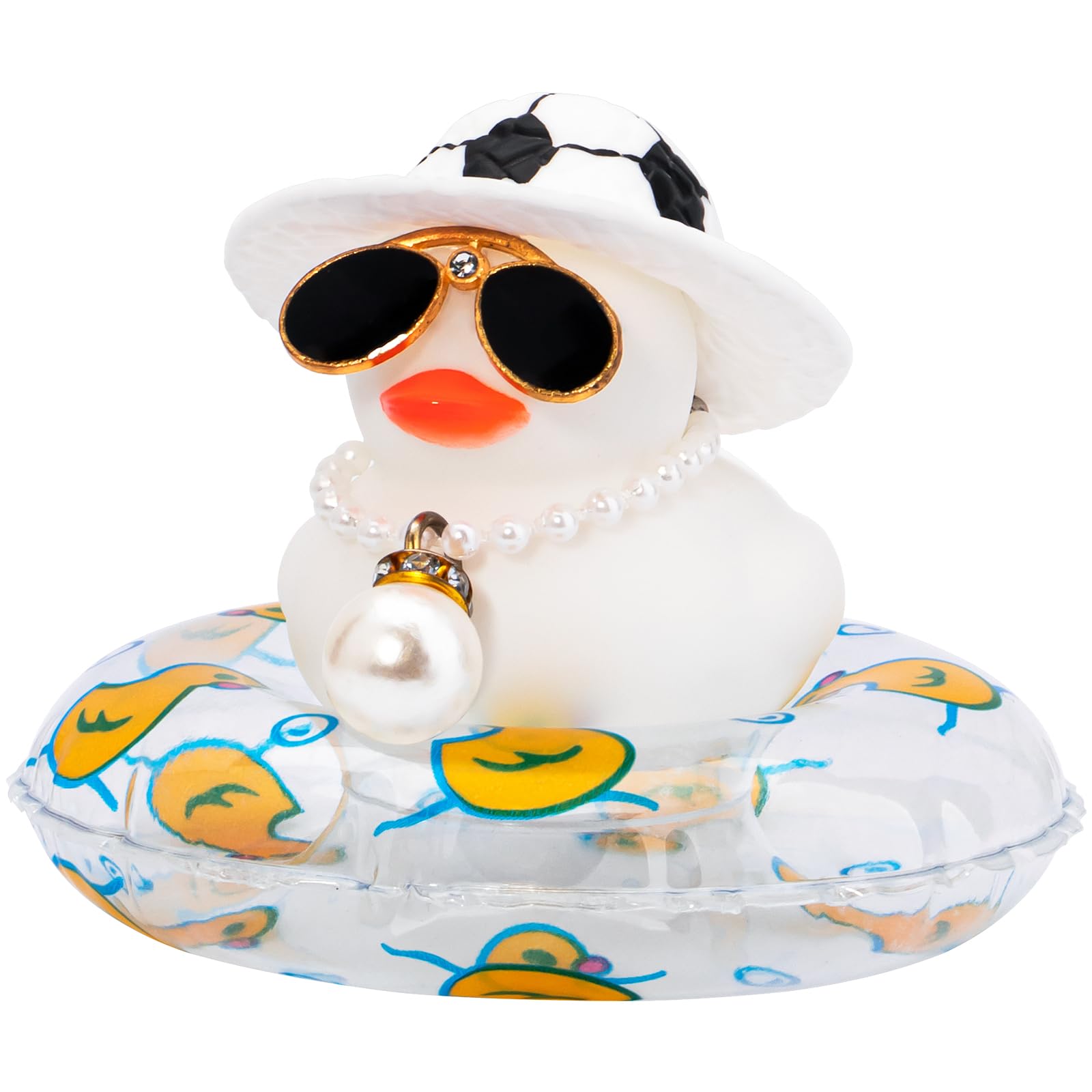 wonuu Diamond Glasses White Ducks Swim Ring Rubber Ducks with Mini Hat Necklace for Cars Dashboard Decorations Car Ornaments Toy Duck Car Accessories, Soccer&Giant Bead