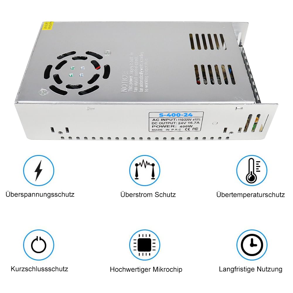 inShareplus 24V Netzteil 16.5A 400W, DC Universal geregeltes Schaltnetzteil, Trafo 230V auf 24V LED-Treiber, Konverter, Transformator für LED-Streifenlicht, CCTV, Computerprojekt, 3D Drucker