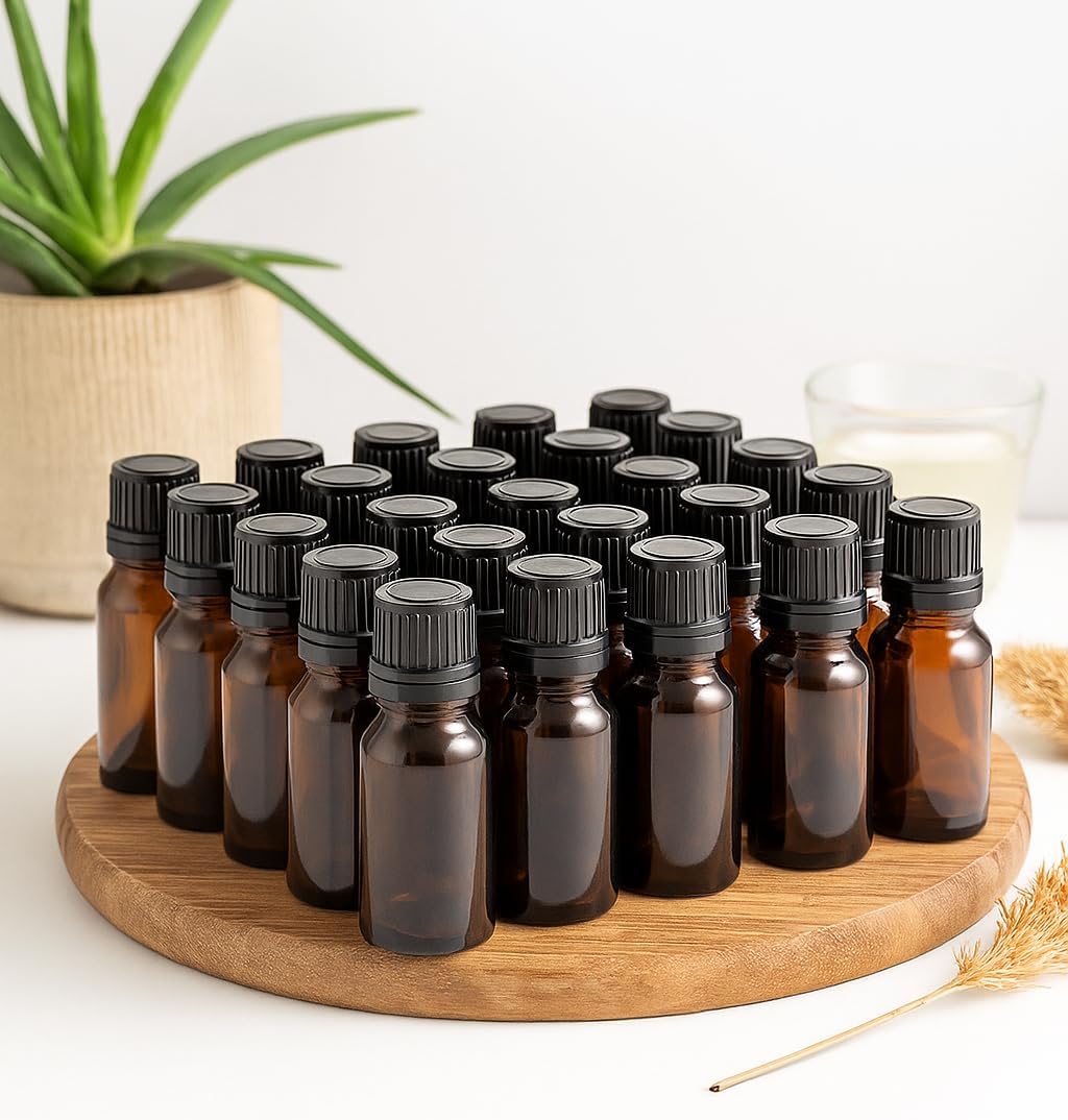 RTWARE 10 ml Amber Round Empty Glass Bottle with Euro Dropper and Black Cap (Pack Of 24), Refillable, Reusable for Essential Oils, Blends, Diy Perfumes, Homeopathy And Medicine