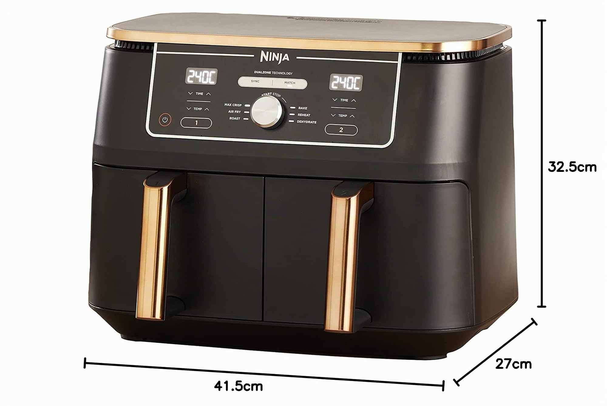 Ninja Foodi MAX Freidora de aire con compartimento doble, 9,6 l, 6 en 1, no usa aceite, Max Crisp, Asar, Hornear y más, pinzas, 8 porciones, cestas antiadherentes, en cobre y negro, AF400EUCP