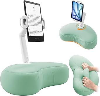 SAIJI Kindle Stand for Bed iPad & Tablet Pillow Holder with Flexible Dual Axis Arm & Microbead Cushion, 360 Adjustable Lap Beanbag Phone Holder Fits Devices with 4.7"15.6" Screens Cyan