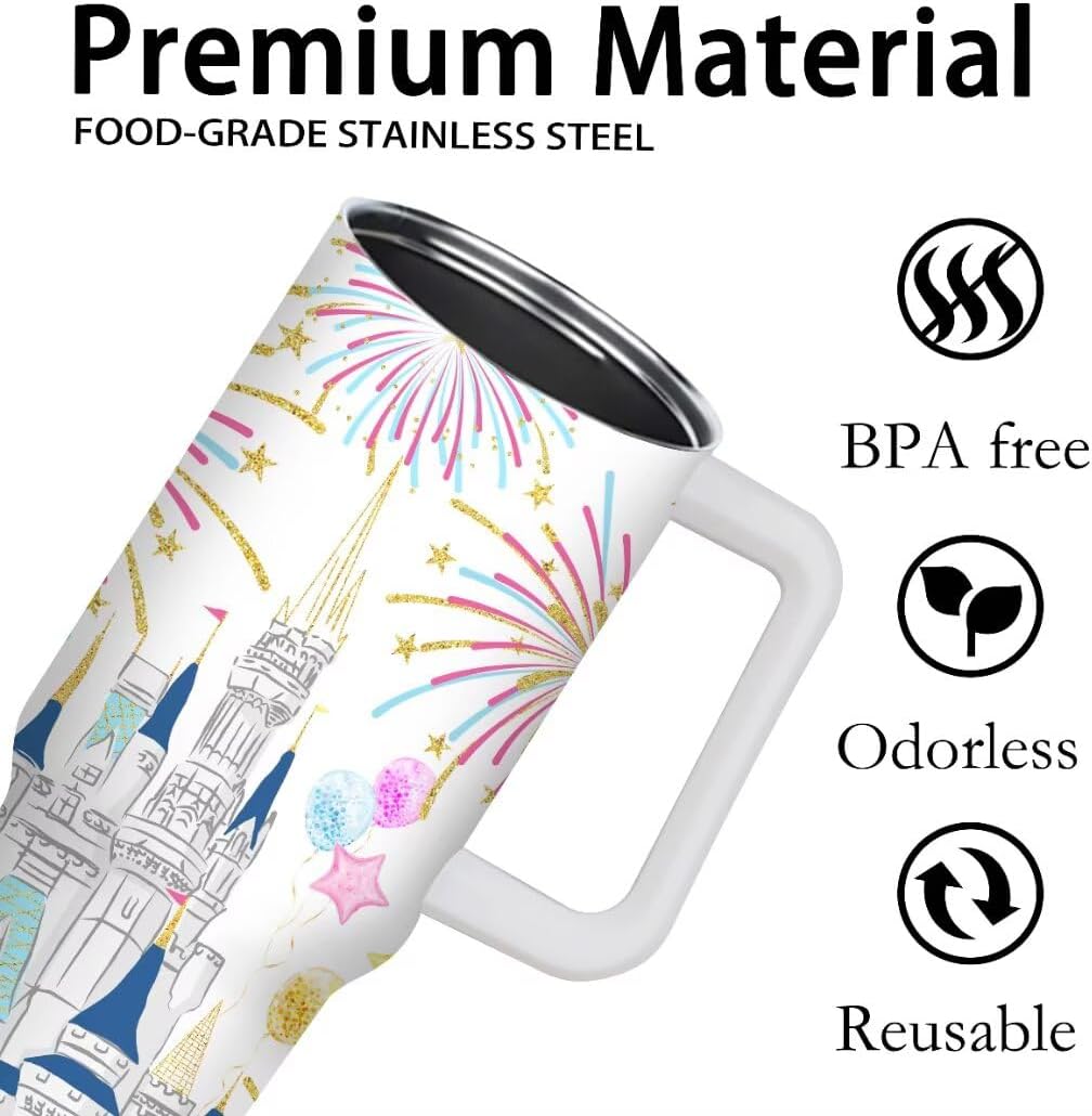 Cartoon Castle Tumbler 40 oz, Firework Tumblers with Lids and Straws, Insulated Cup Stainless Steel Travel Mug, Birthday Christmas Gifts - Image 4