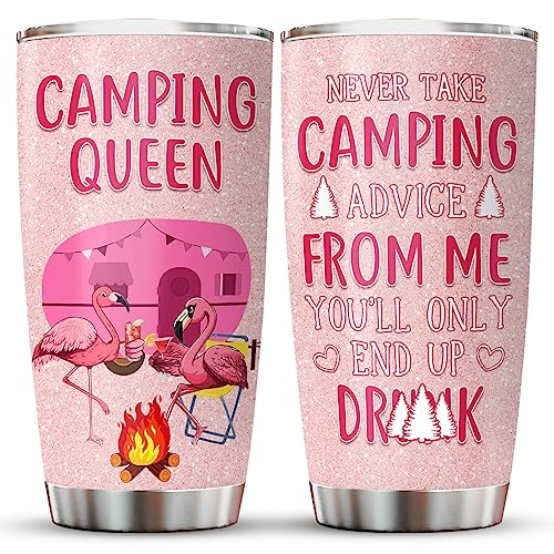 Camping Gifts - Camping Queen Tumbler - 20Oz Stainless Steel Camping Mug With Lid - Funny Flamingo Coffee Cup For Camping Lovers Women - Christmas Birthday Gifts For Campers #TOP6