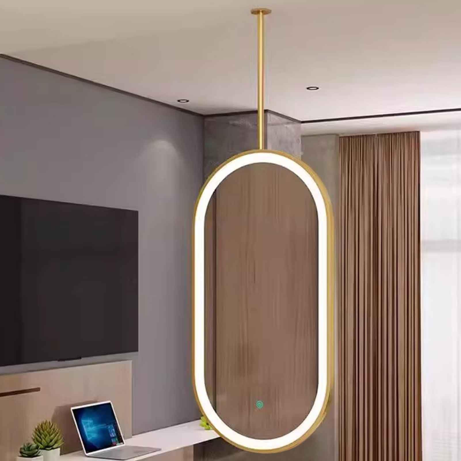 FGXHHS Touch Control LED Oval Vanity Mirror Ceiling Mounted Suspended, Gold Hanging Rod - 3 Colors Dimmable Light(40cmx70cm)