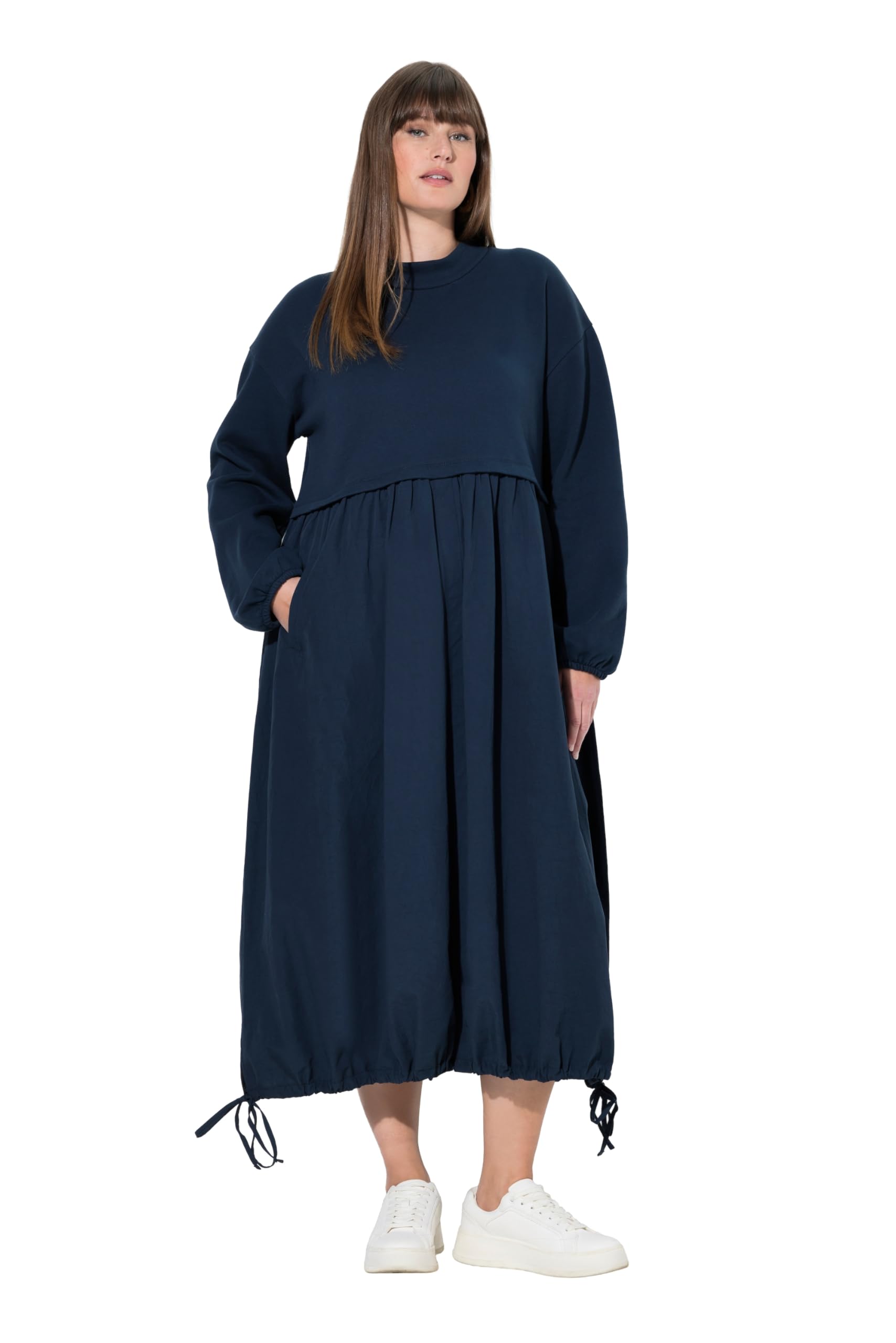 Ulla Popken Damen große Größen Übergrößen Plus Size Maxikleid, A-Linie, Stehkragen, Langarm, Biobaumwolle 845583