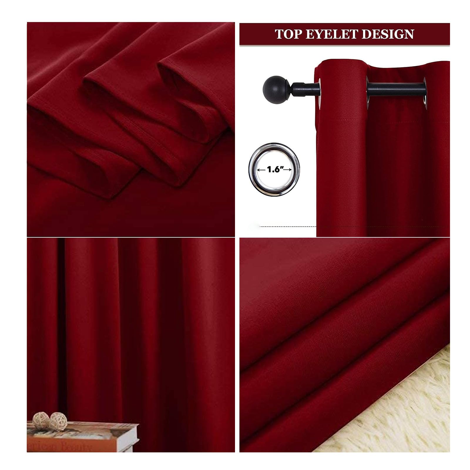 Rideau Occultant Thermiques 160 x 230 cm Anti UV Anti Bruit Isolant Thermique Design Moderne à Oeillets pour Chambre, Opaque Rideaux Salon Moderne, Vin Rouge