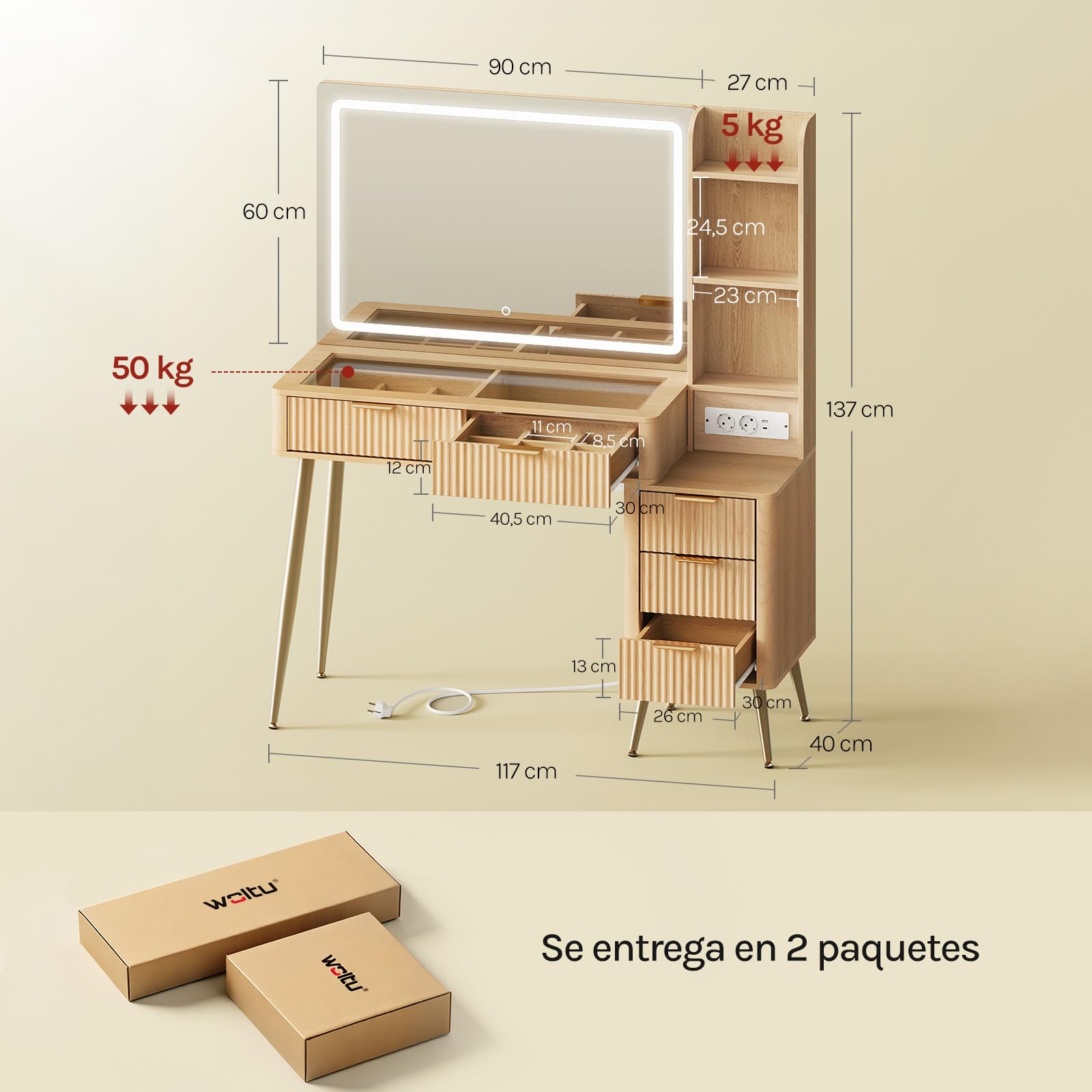 WOLTU Tocador Maquillaje con Luz LED, Encimera de Vidrio Templado, Regleta