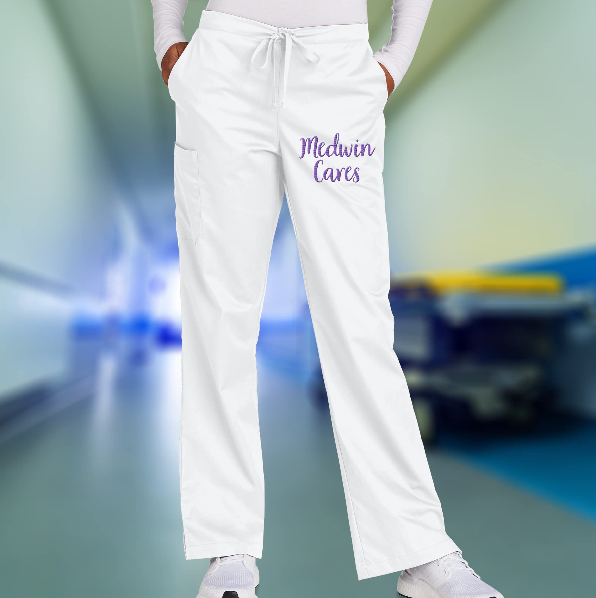 TEEAMORE Custom Emroidered Medical Scrub Pant Add Your Embroidery Name Text Women's Flare Leg Cargo Pant White