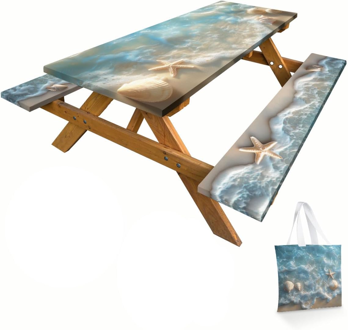 Sea Beach Picnic Table Cover with Bench Covers and Carrying Bag, Seashells Ocean Waves Tropical Hawai Rectangle Table Cover, Outdoor Patio Camping Essentials 6FT 4PCS, Camping Fitted Tablecloth