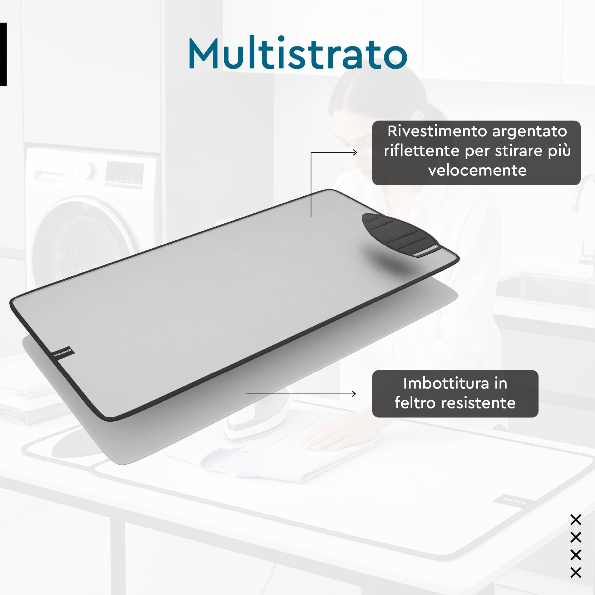 Encasa XO Ironing Mat/Pad - Argento metallico (grande 70x50 cm) con 5 mm di imbottitura in schiuma e ferro da stiro in silicone per la pressatura a vapore su tavolo o letto