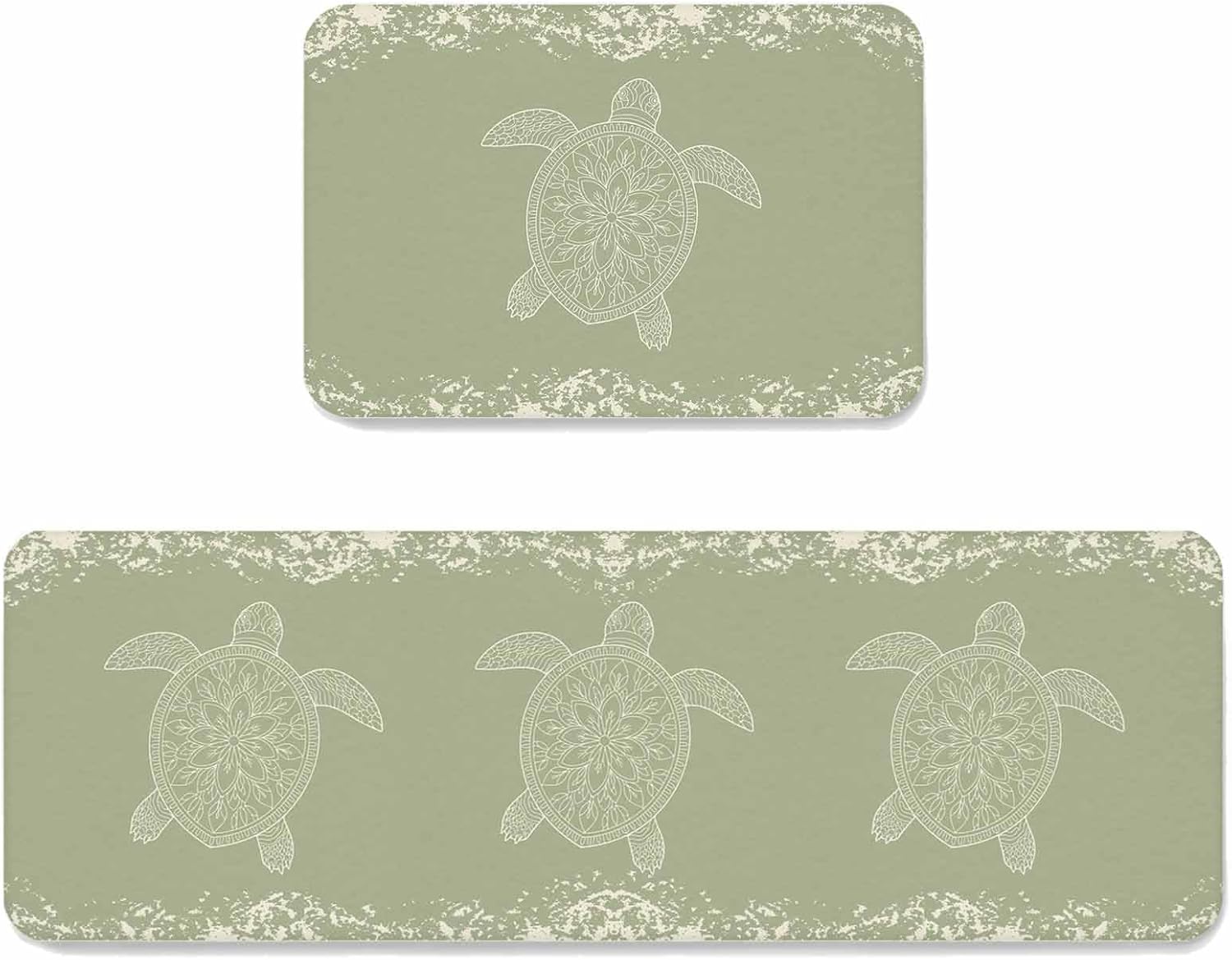 Prime Leader Turtle Sage Green Kitchen Mat Set 2 Pieces Lines Floral Mottled Pattern Non Slip Kitchen Rugs Washable Runner Rug Mats for Sink Laundry (19.7" x 31.5"+19.7" x 47.2")