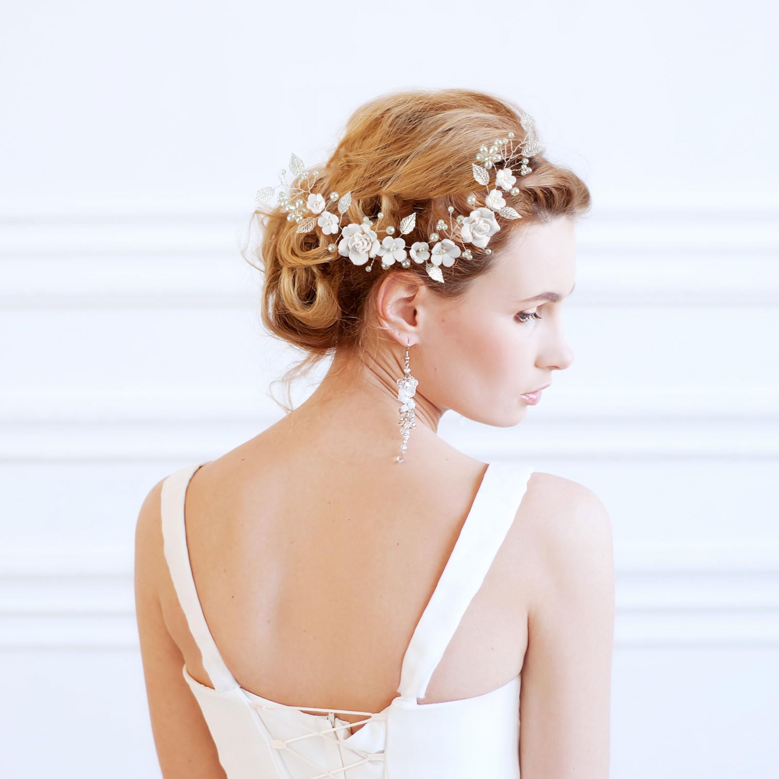 SSKHE Flower Bride Wedding Hair Vine Bride Wedding Pearl Hair Accessories Crystal Headpieces Flower Headband Bridal Pieces Girl Accessories Silver - Image 4