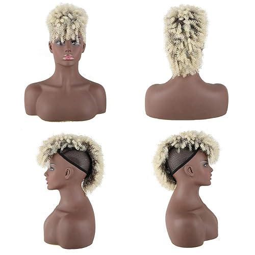 Miniatura 5 de CINHOO Peluca Mohawk con reflejos marrones, rizos Jerry, moño alto abombado, cola de caballo con cordón con flequillo, rubio sintético, extensiones