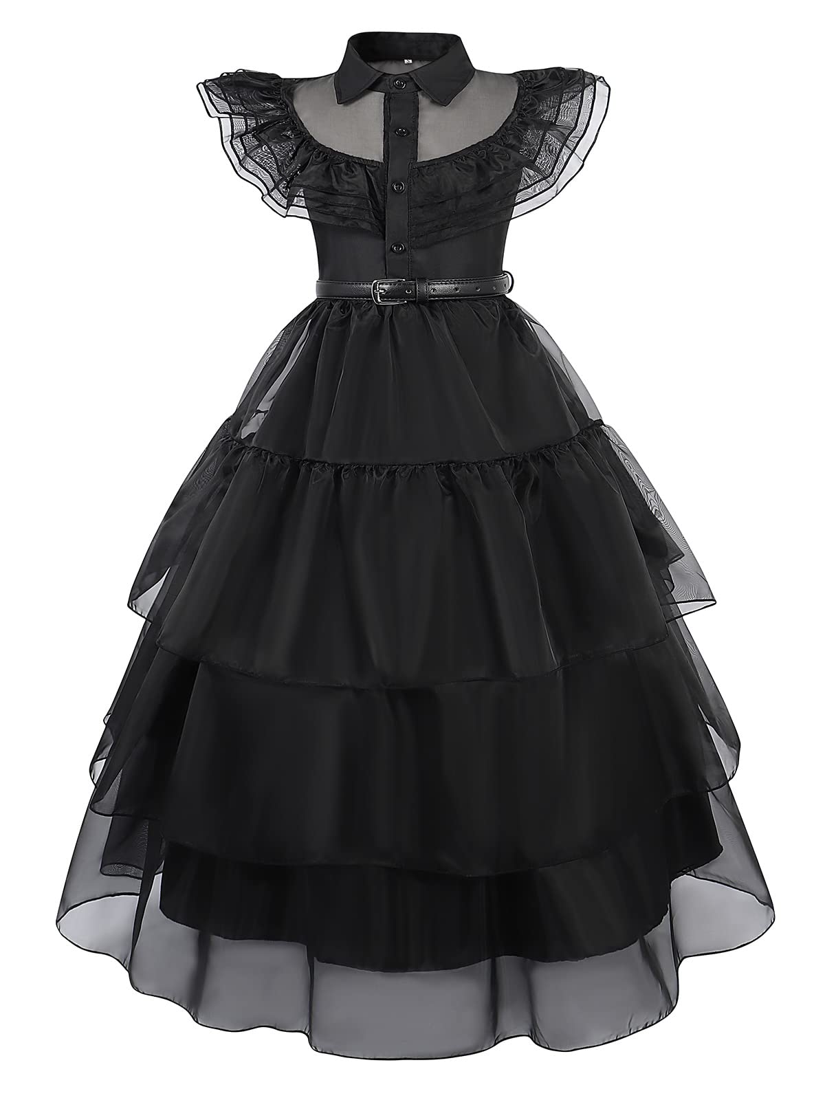 Berich Black Costume with Wig Kids Gothic School Fancy Dress up Princess Family Things Merchandise Party Black Dresses World Book Day Outfit Kids Halloween Costumes 9-10 Years,150