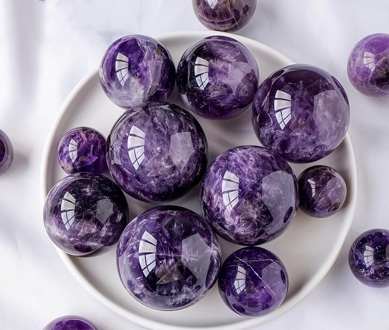 Amethyst Crystal Ball with Wood Stand, Polished Stone Sphere Sculpture Fengshui Figurine Yoga,50mm