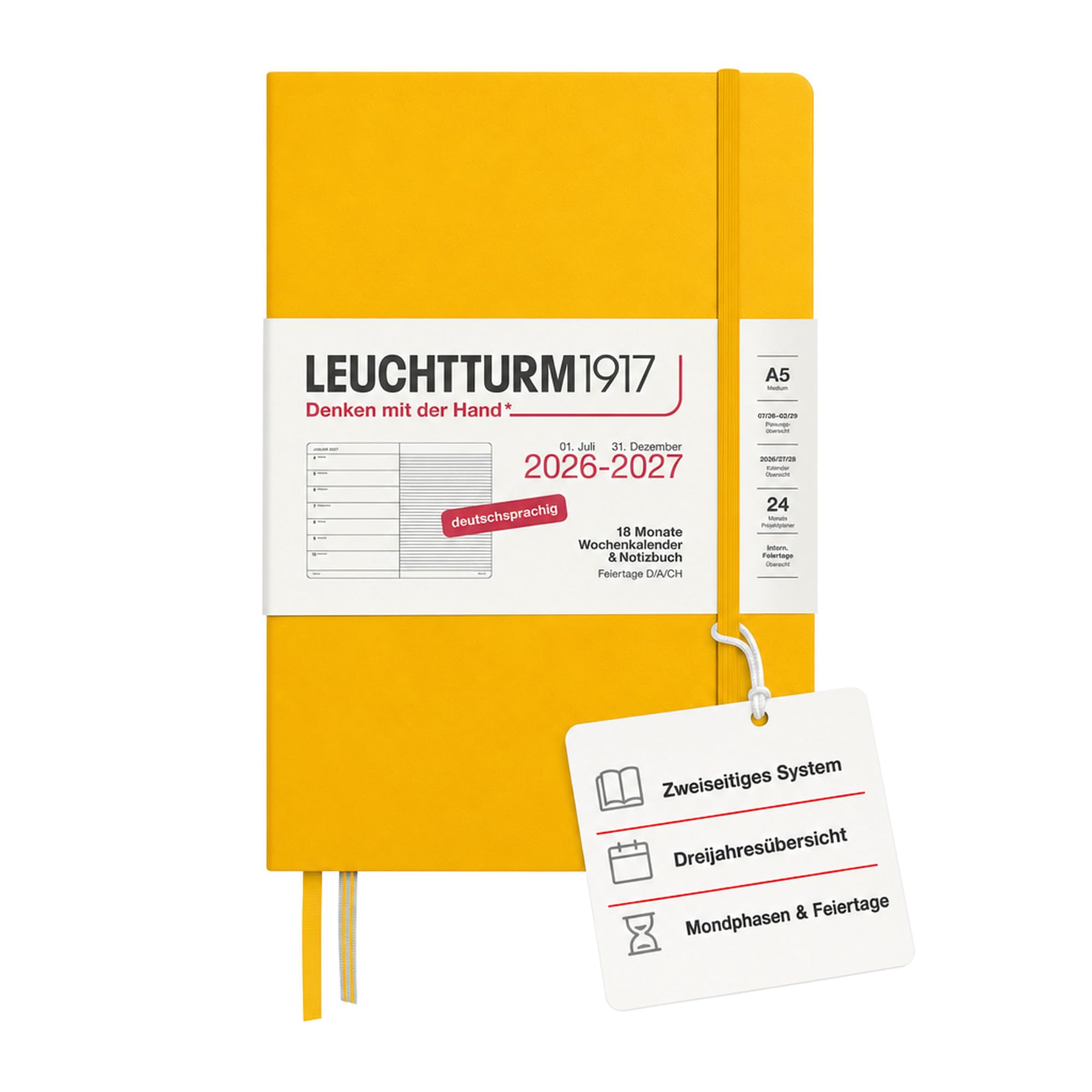 LEUCHTTURM1917 Weekly Calendar 2027 A5 with Notebook, Lined - Diary German, 18 Months July 2026 - December 2027, Sunflower, Hardcover, 210 x 145 mm, Week to View Left + Note Page Right