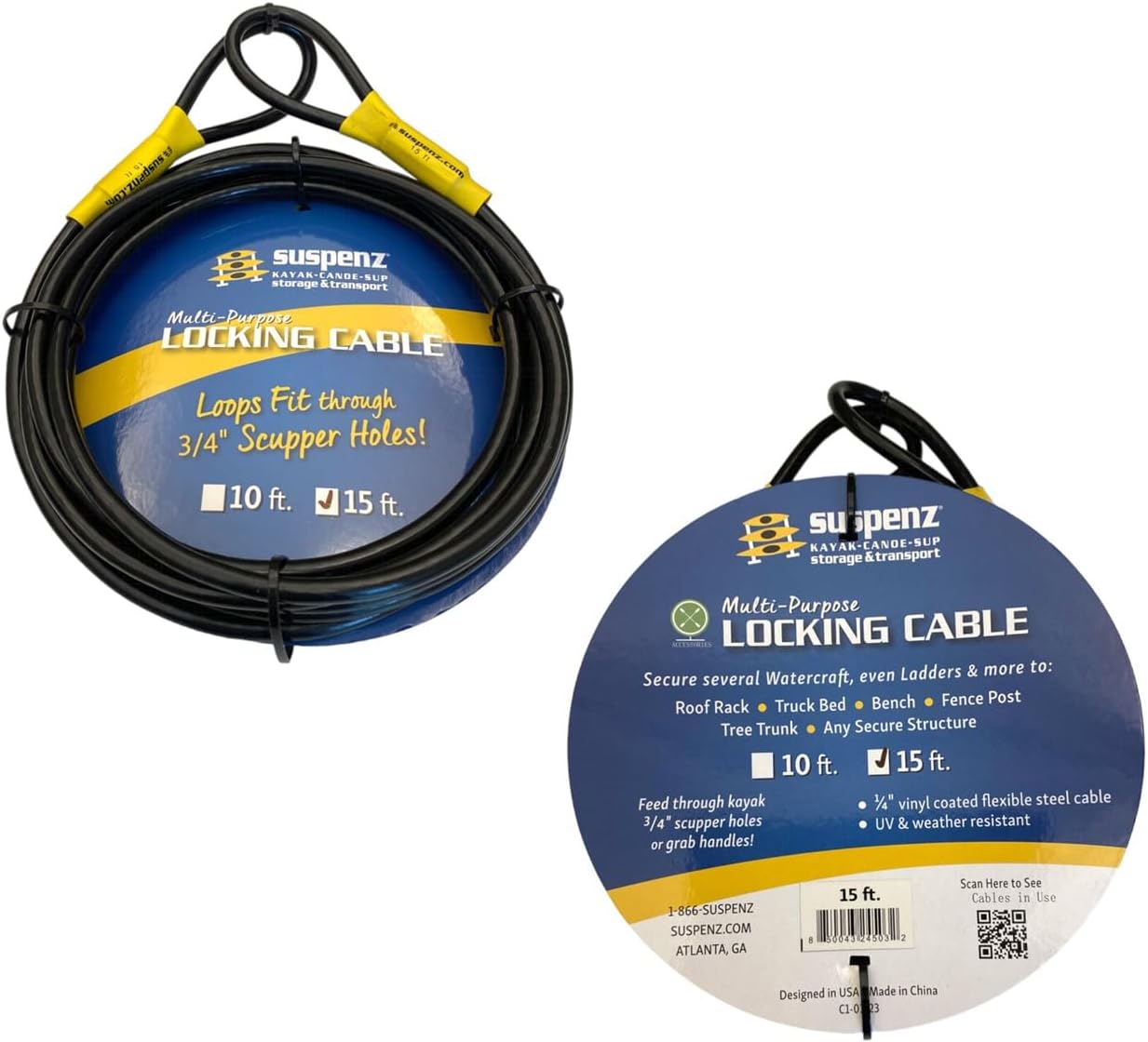 Suspenz Kayak Multi-Purpose Locking Cable, 10 Ft Long Flexible Steel, Vinyl Coated (34-8810)