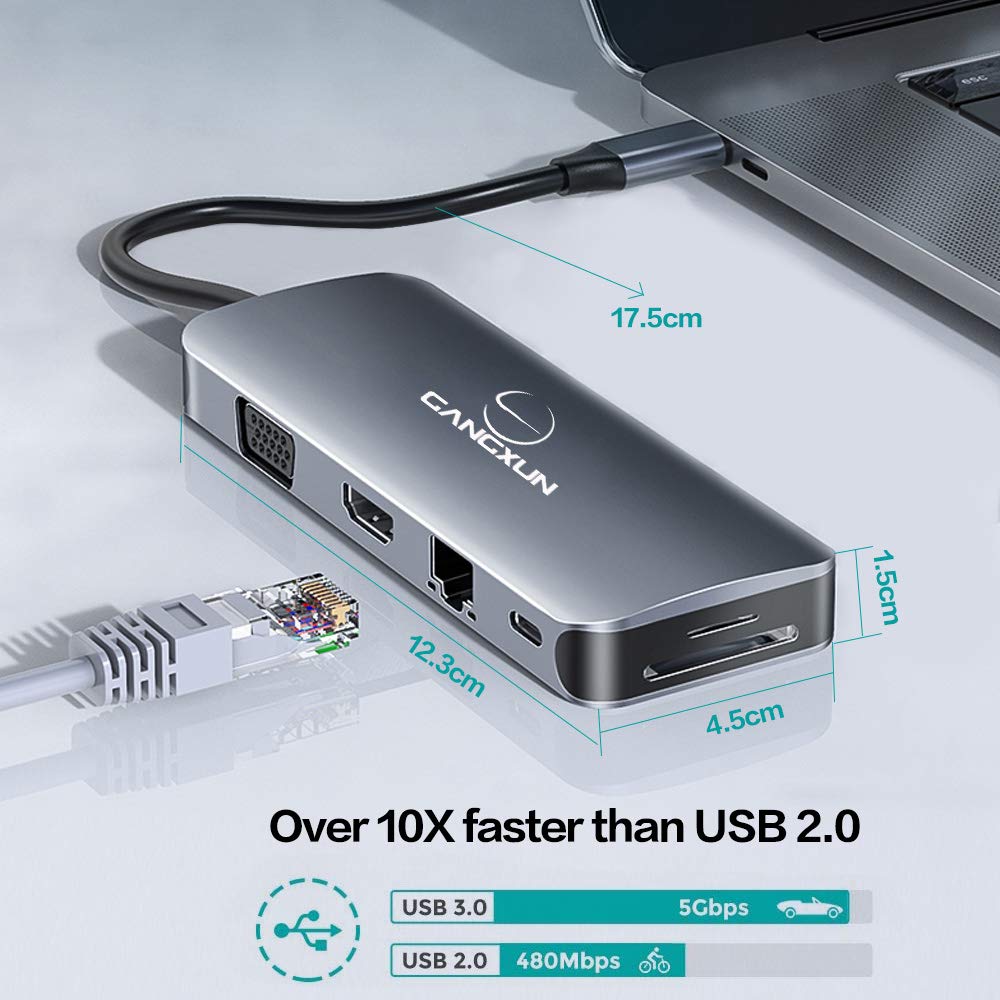 Adaptador multipuerto USB C 12 en 1, HDMI 4K, VGA, puertos USB 3.0, lector de tarjetas TF/SD, PD tipo C, Gigabit Ethernet RJ45, compatible con MacBook Air/Pro, más dispositivos tipo C