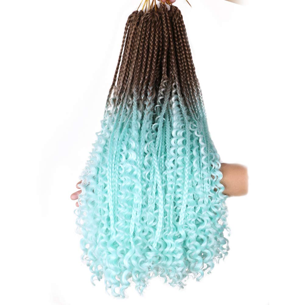 22 Inch Ombre Boho Box Braids Pre Looped Goddess Crochet Braids with Curly Ends 3 Packs Bohemian Braiding Hair Extensions for Women (Brown-Sky Blue)
