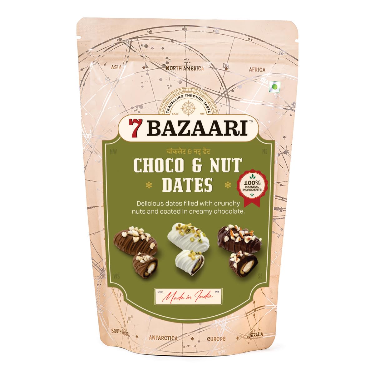 7 BAZAARI™ Premium Choco & Nut Dates - Gluten Free, Natural Ingredients - Assorted Almond Dark Chocolate, Cashew Milk Chocolate- 10pcs (Pack of 1)