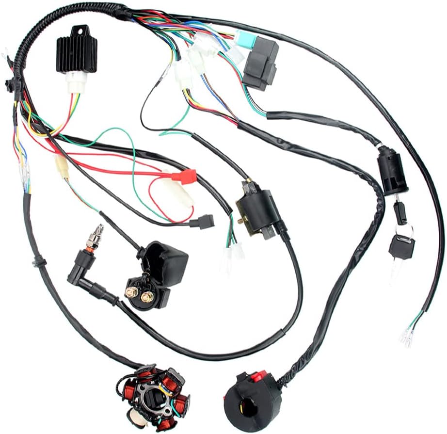 6 Wiring Harness CDI Ignition Kit 5-Pins Compatible with 50cc 70cc 90cc 110cc 125cc Chinese Electric start Quads Wire Harness CDI Box Magneto Flywheel Stator Quad Cluster Switch with Key