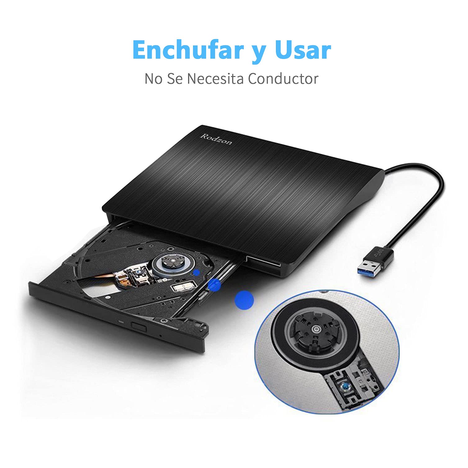 Rodzon Grabadora Externa USB 3.0, Unidades Portátil CD/DVD /-RW/ROM Estable con Lector/Quemador/Re - Quemador para Win 10/8 / 7 / XP/Vista/Linux/Mac OS