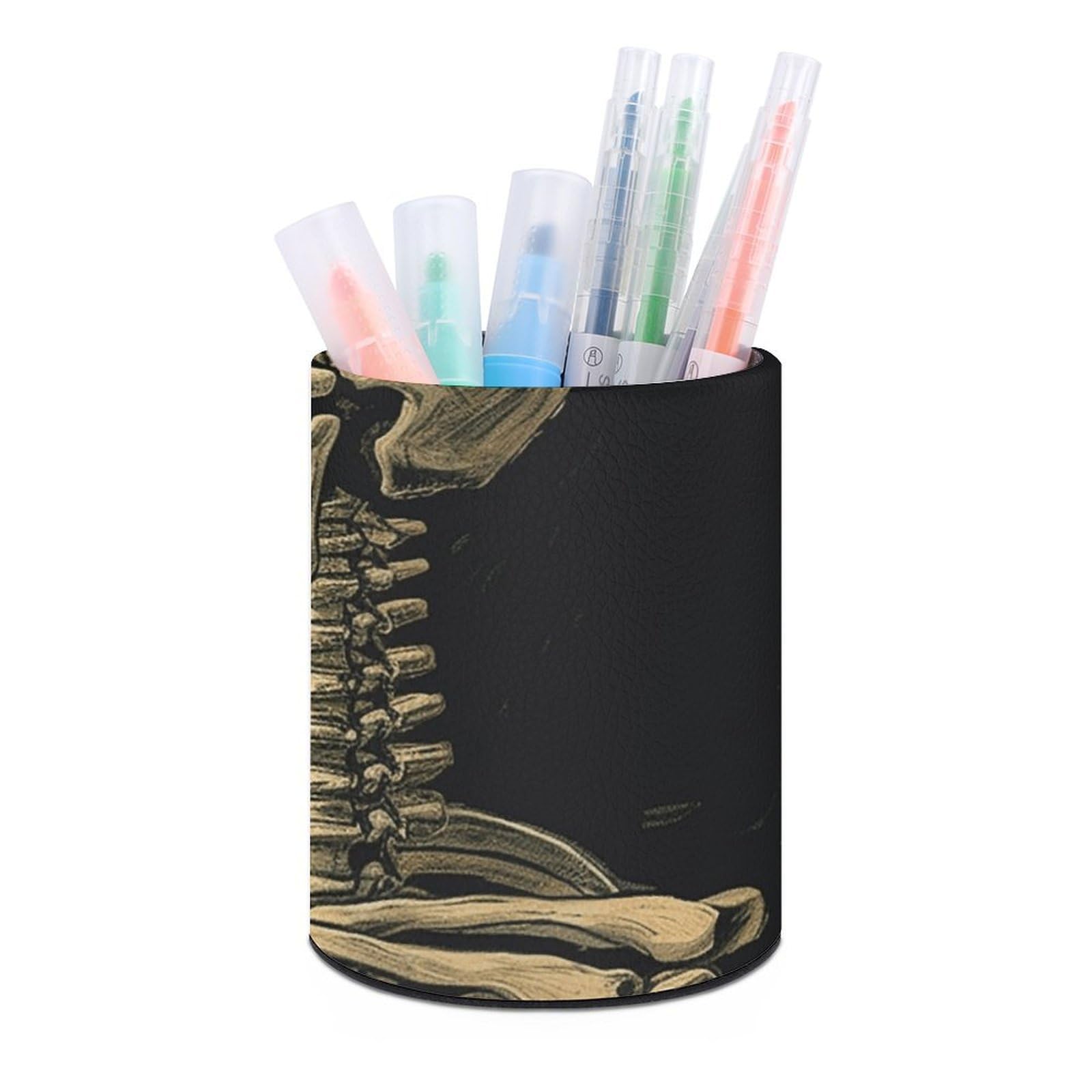 FekiLoot PU Leather Round Pen Holder A Skeleton with Burning Cigarette Pencil Holder Desk Organizer Pen Organizer Pen Cup Pencil Cup Caddy Desktop Stationery Organizers for Office Home Supplies