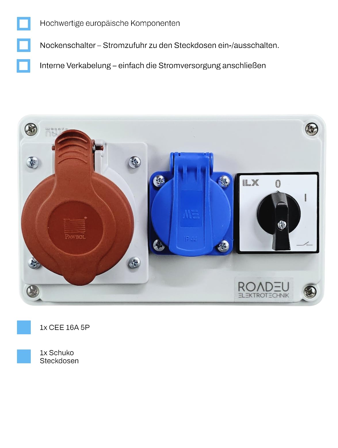 RoadEu CEE Steckdosenverteiler IP44 | 1x CEE 16A 5P 400V + 1x Schuko 230V mit Hauptschalter 0-1 | Aufputz Stromverteiler für Innen- & Außeneinsatz, vorverdrahtet, Europäische Komponenten