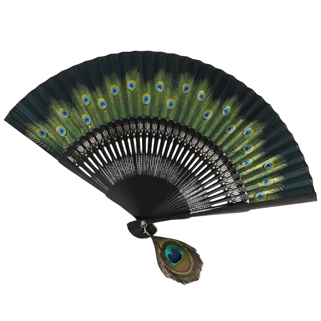 DAGLLGEW Chinese Peacock Silk Hand Fan, Compact, Vivid