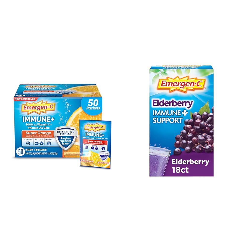 Emergen-C Immune+ Triple Action Immune Support Powder & Immune+ Vitamin C 1000mg (18 Count, Elderberry) Dietary Supplement Fizzy Drink Mix Powder Packets
