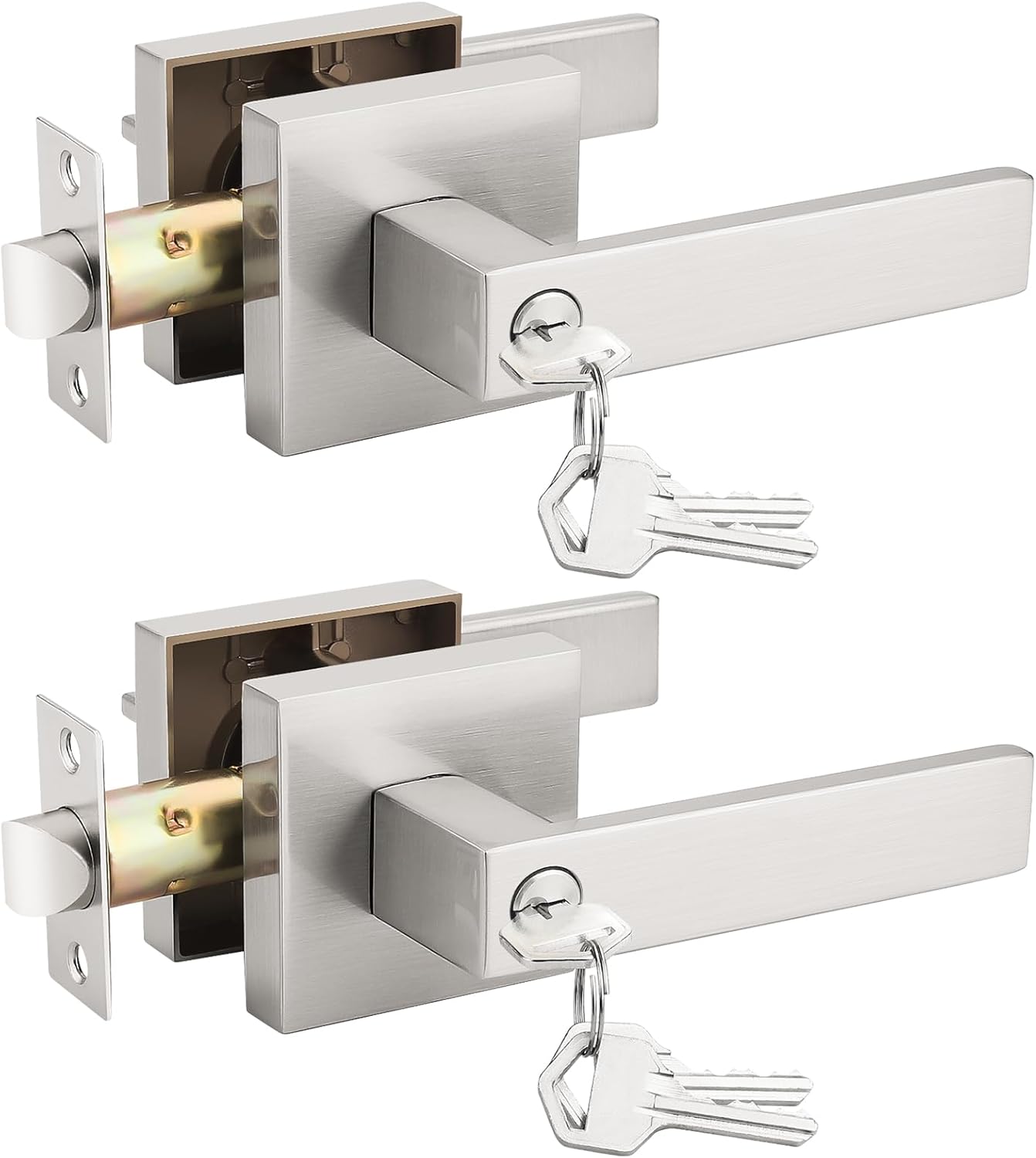 Probrico 2 Pack Satin Nickel Interior Bedroom Entrance Door Lever Doorknobs Door Lock One Keyway Entry Keyed Entrance Lockset Each with 3 Same Keys