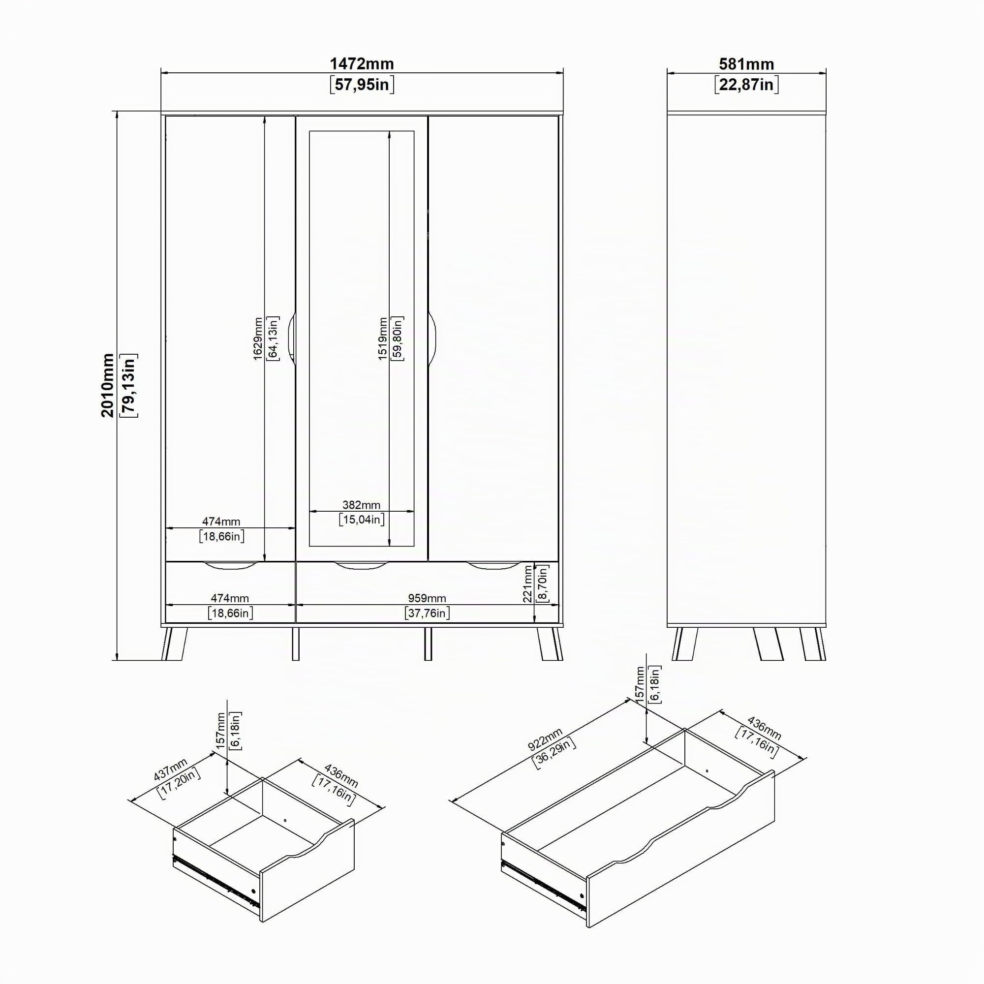 Bissolo Casa Armadio Moderno con 3 Ante, 1 Specchio, 2 Cassetti, 147,2x58,1x201 cm, Hickory Jackson e Bianco Opaco