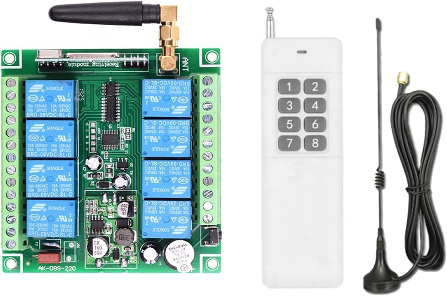Système d'interrupteur à distance 8 canaux - Récepteur sans fil 433 MHz - Portée : 500 m - DC12 V 24 V 36 V - Pour portes de volets roulants - Garage - Portes électriques - Fenêtre - Avec antenne de 3