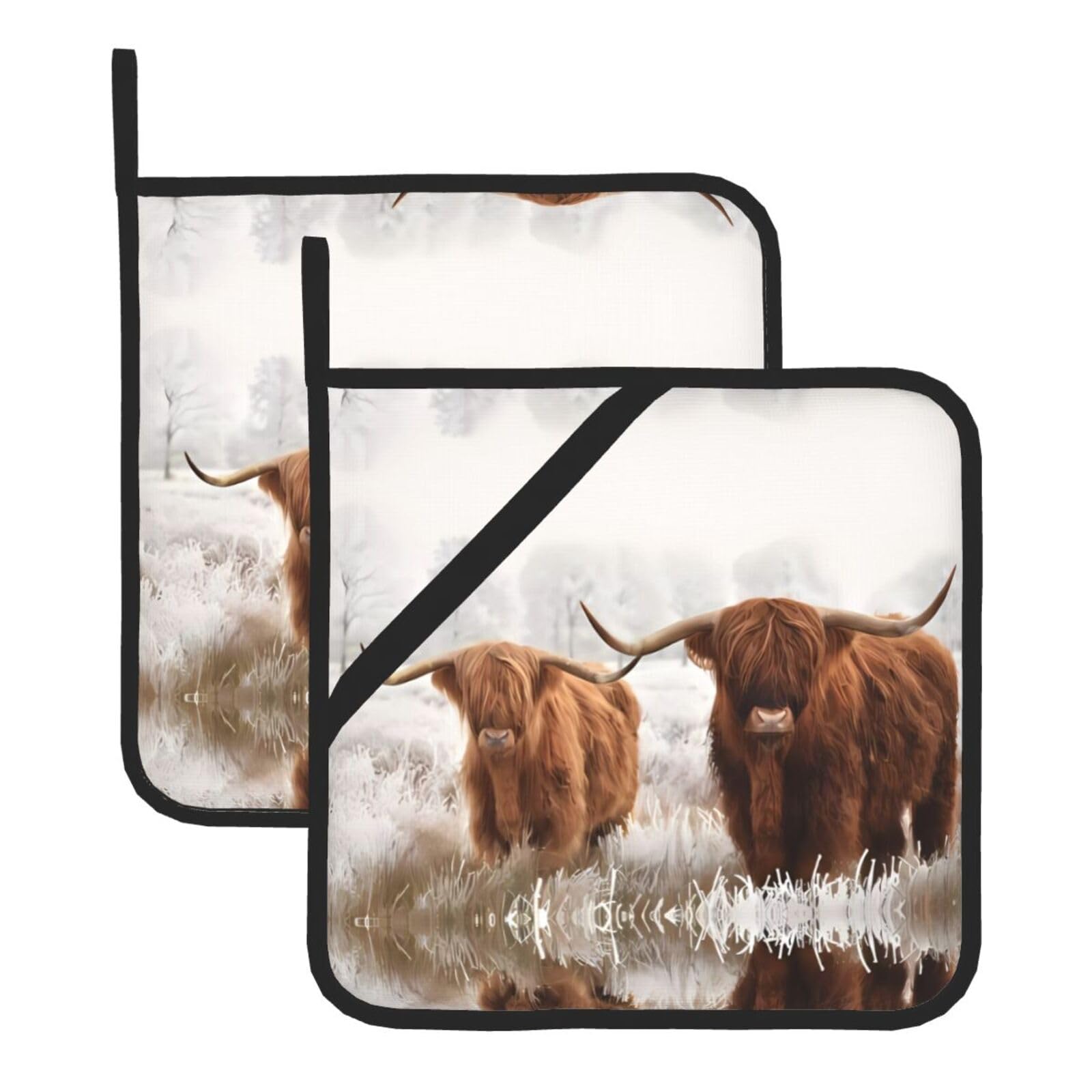 YYHWHJDE Scottish Highland Cow Prints Square Hot Pads for Kitchen Counter - Waterproof Pot Holders with Hanging Loop, Durable Trivets for Microwave Oven - 2 Pack