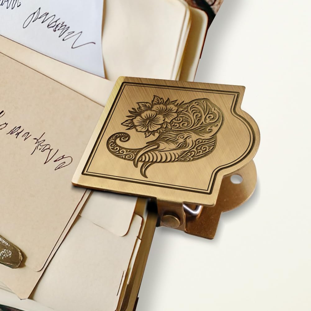 ANATTASOUL Brass Travel Notebook Journal Clip Pattern Elephant Book Binder Clips Metal Vintage, 1.8"x1.6" Decorative Heavy Duty Gold Page Holder Clamps for Book, Paper, Bookmark, Accessories, Gifts
