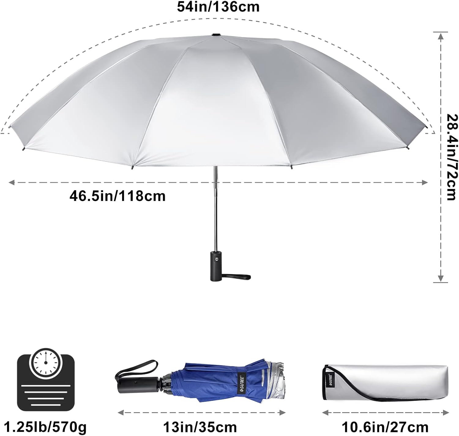 G4Free UPF 50+ UV Protection 54 Inch Large Reverse Travel Umbrella, 10 Ribs Windproof Compact Sun Blocking Inverted Car Umbrellas Automatic Open Close (Blue/Silver) - Image 2