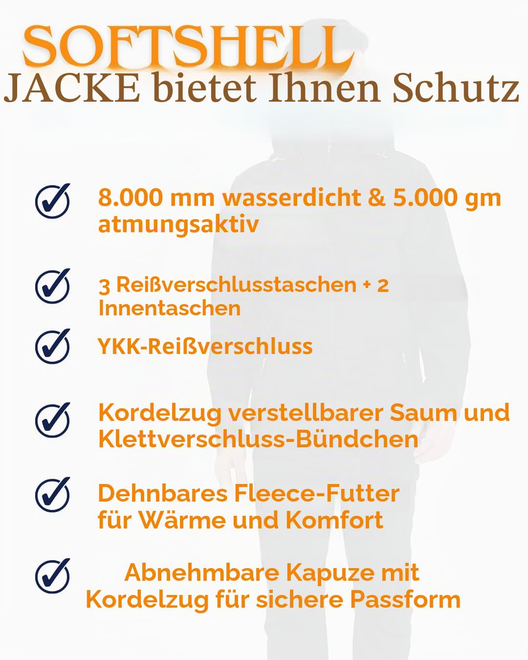 Acme Projects Fleece-Gefütterte Softshell-Jacke Herren Abnehmbare Kapuze Wasserdicht Winddicht Atmungsaktiv 8000mm/5000g YKK-Reißverschluss Wandern Radfahren Camping