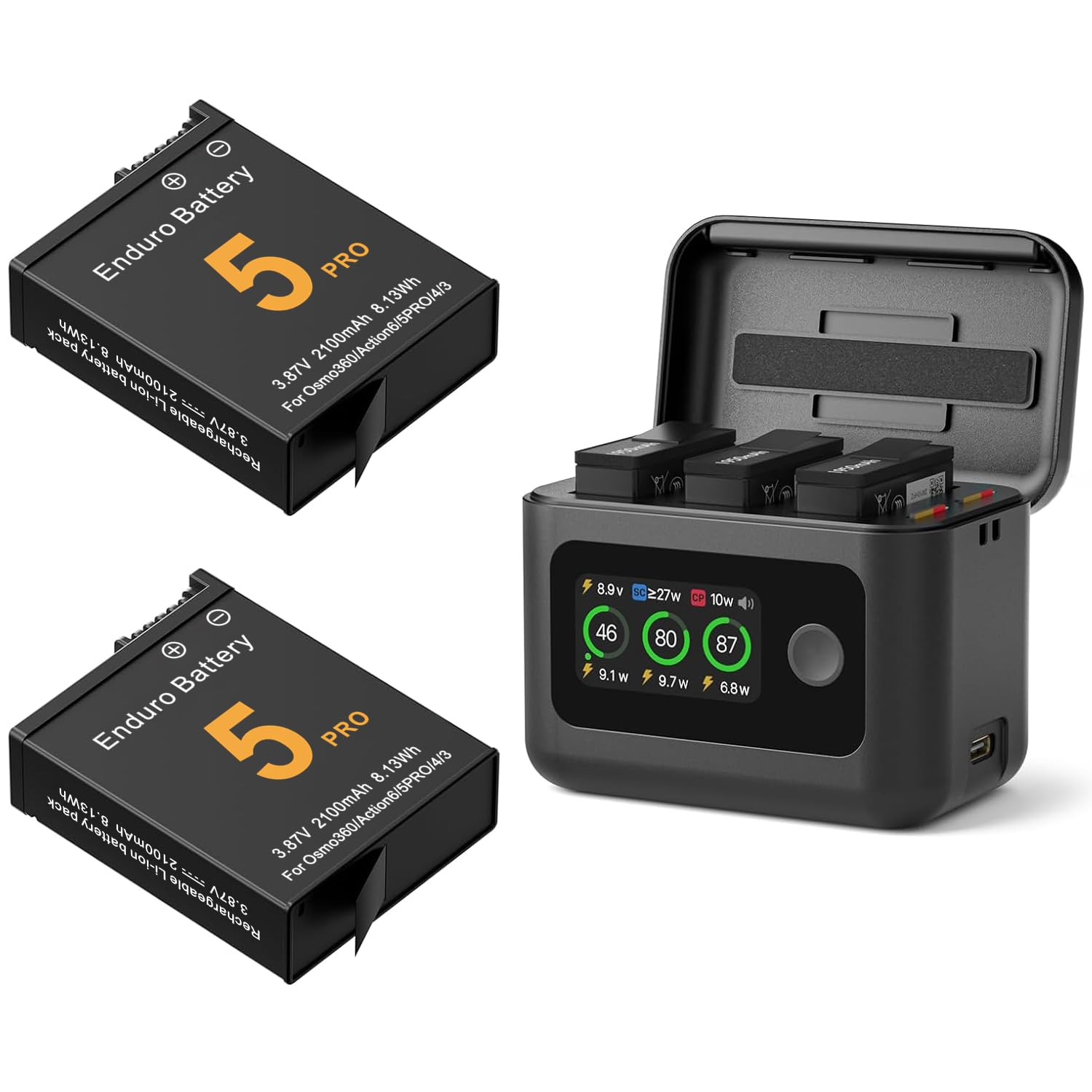 Treeboy Batteria Osmo 360 (2 confezioni) con hub di ricarica bidirezionale da 27 W, compatibile con DJI Osmo 360/Action 6/5 Pro/4/3 w/LCD Display Shows SOC