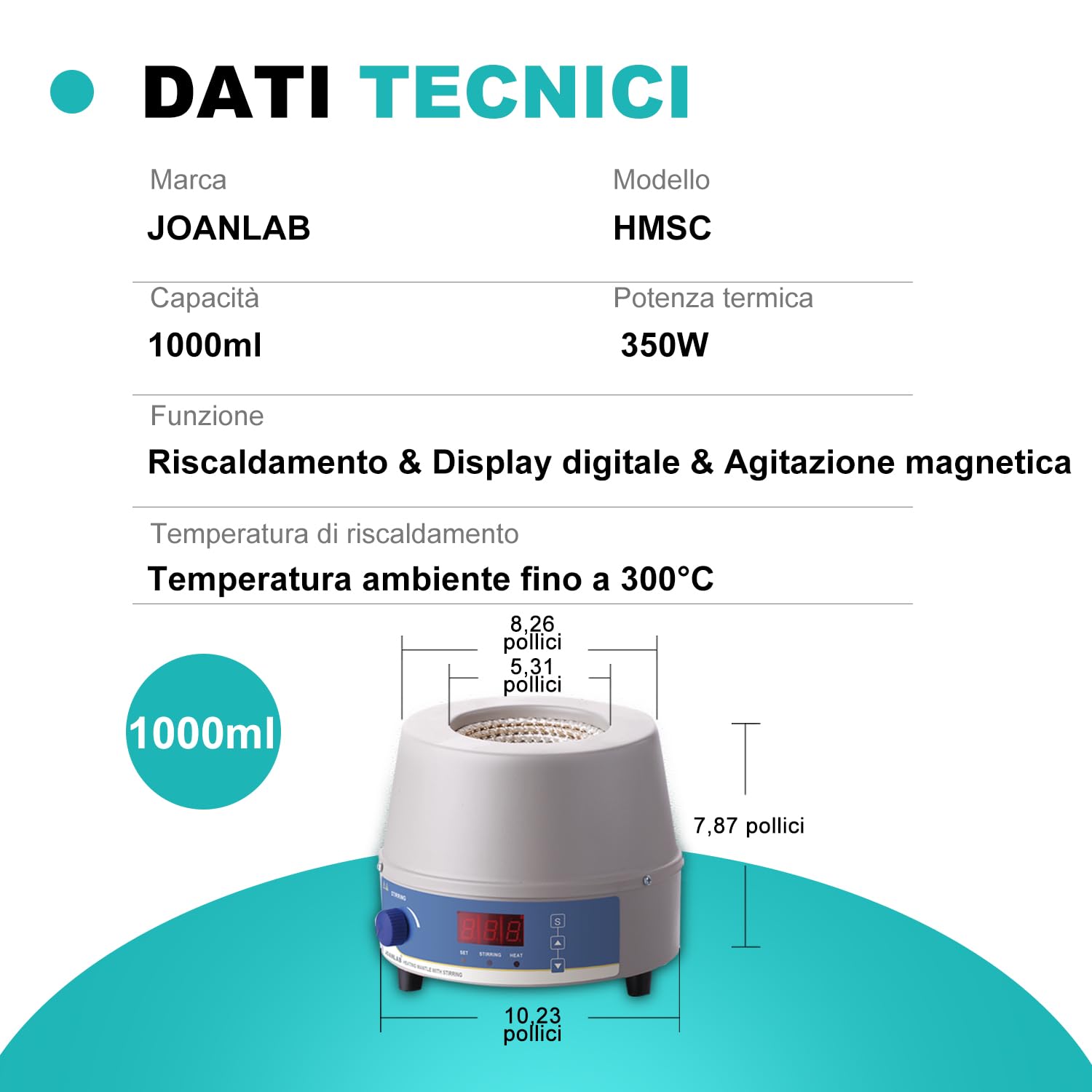 JOANLAB Mantello Riscaldante Magnetico da 1000ml, Agitatore Magnetico da Laboratorio Termostato 350W, Display Digitale, Sonda Temperatura e Timer
