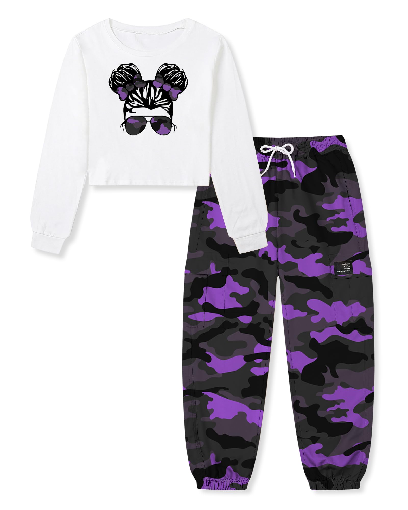 Betusline Girls Fall Winter Clothing Sets, Long Sleeve Crop Top &amp; Cargo Jogger Pants 2 Piece Outfit Sets,4T-14Y
