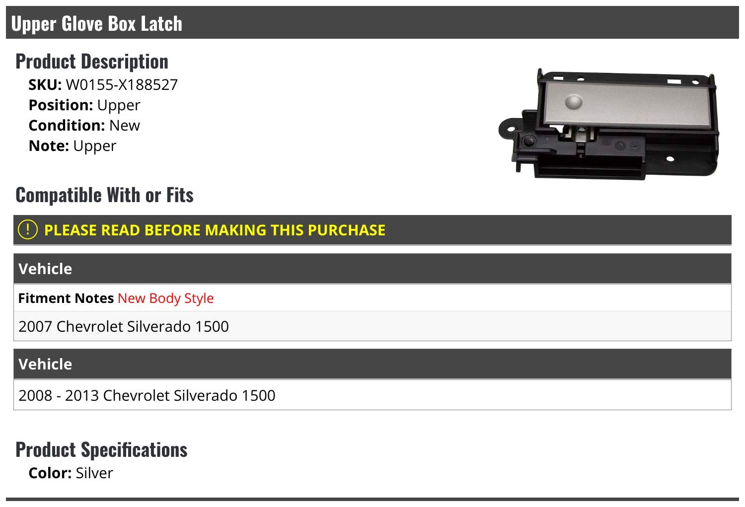 Upper Glove Box Latch - Compatible with 2007-2013 Chevy Silverado 1500