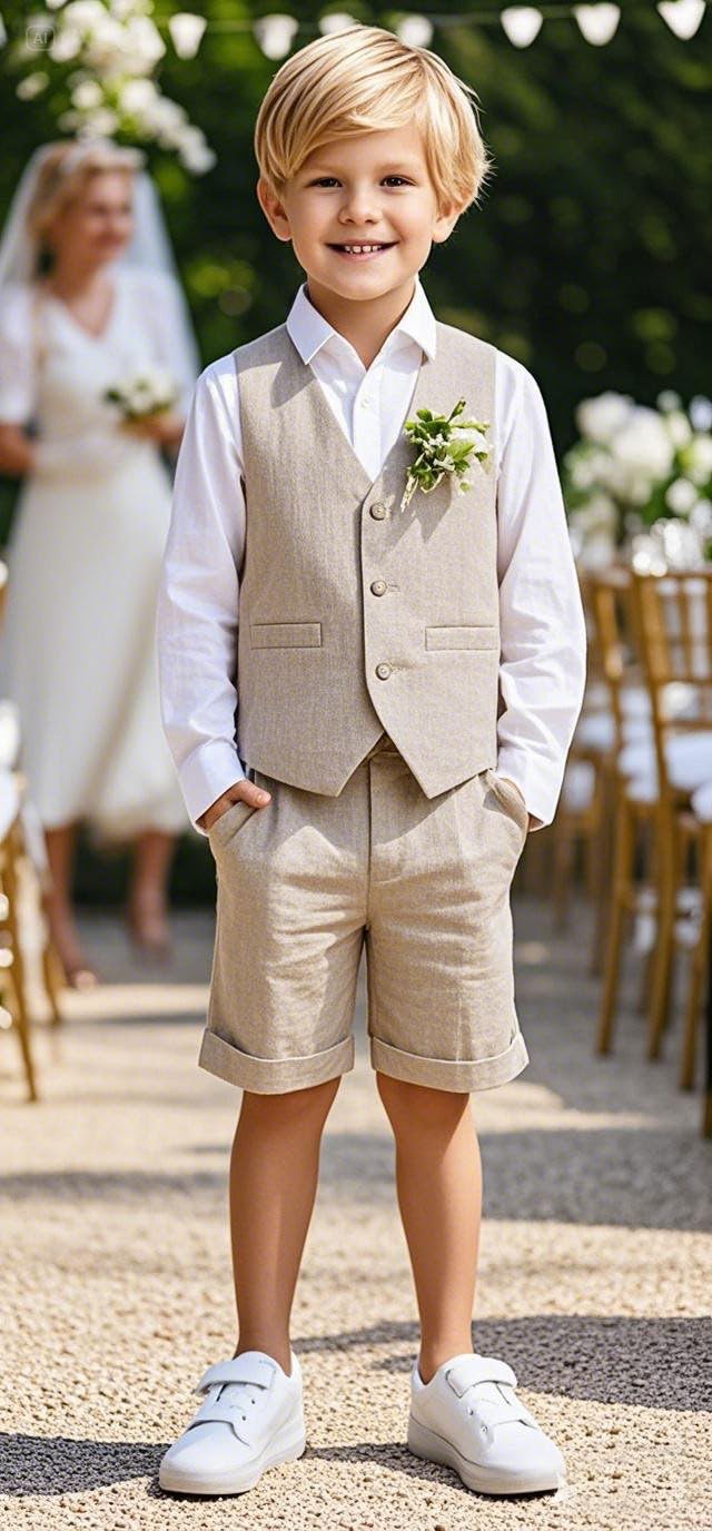 Set da smoking per bambini in lino, 2 pezzi, con gilet e pantaloni corti, per l'estate, spiaggia, matrimonio, per bambini