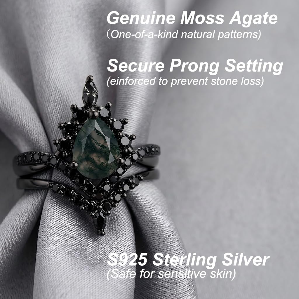 Black Moss Agate Ring Set for Women 925 Sterling Silver Custom 10K 14K Gold Natural Moss Agate Engagement Ring Promise Bridal Wedding Rings Gothic Stacking Rings Size 4-15