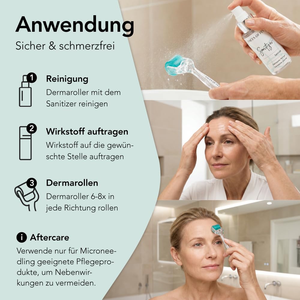 Dermaroller 0,5mm ECHTE Nadeln - Microneedling Anti Aging System 1 Monat - gegen Falten & schlaffe Haut - Zornesfalte, Strinfalten, Augenfalten, Nasolabialfalten, Mundfalten - FACES OF FEY
