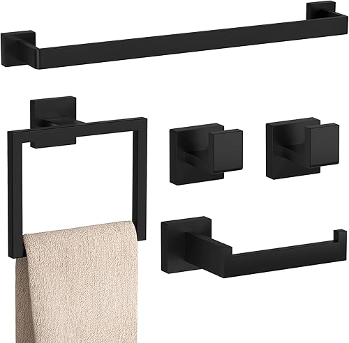 Juego de 5 accesorios de baño negro mate, juego de toallas de baño de 23.6 pulgadas, juego de accesorios de baño de acero inoxidable SUS 304,