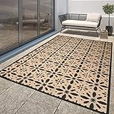 AOLEBA Reversible Plastic Straw Outdoor Patio Rug Mat, 5'x8' Black and Beige Flower Outdoor Rug,...