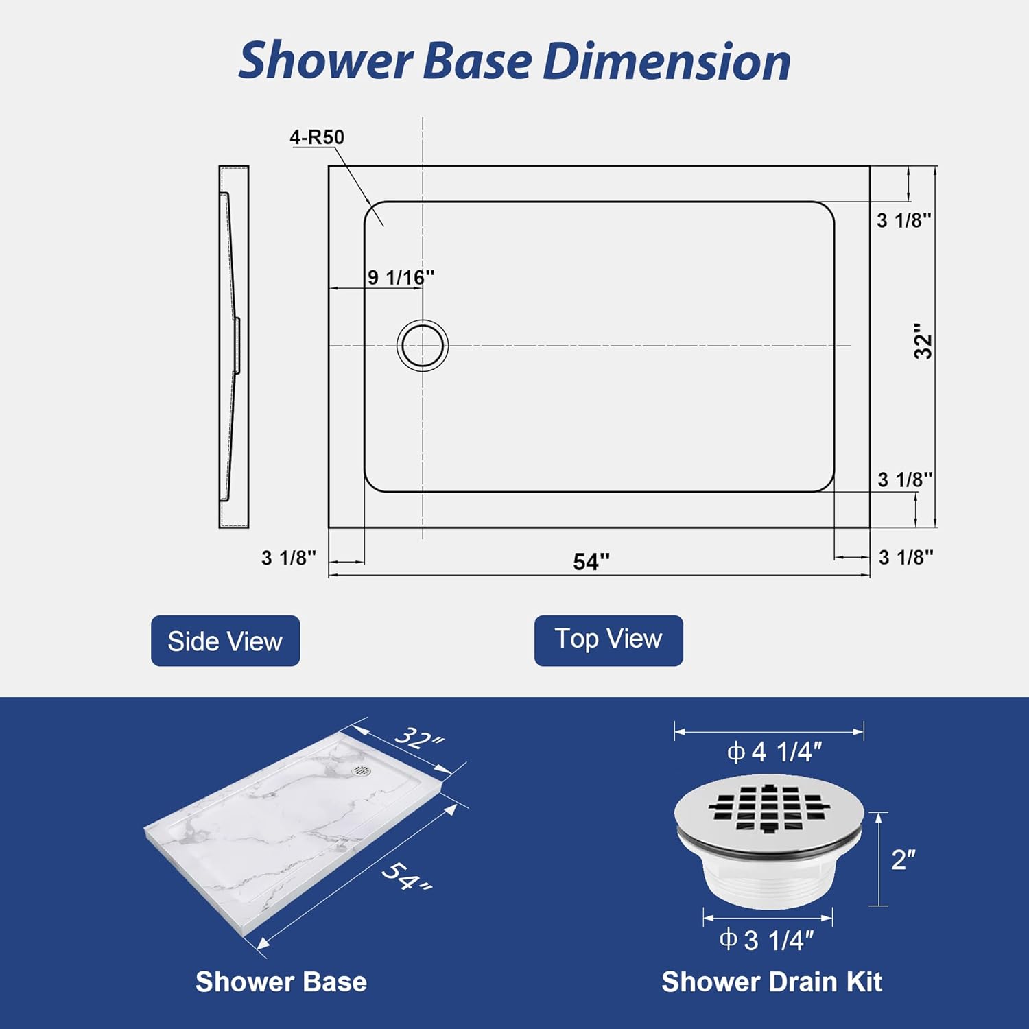 KPUY Shower Base, 54'' L X 32'' W Shower Pan with Reversible Installation Drain, Slip Resistant Design & Non‑Integrated Flange, Carrara White