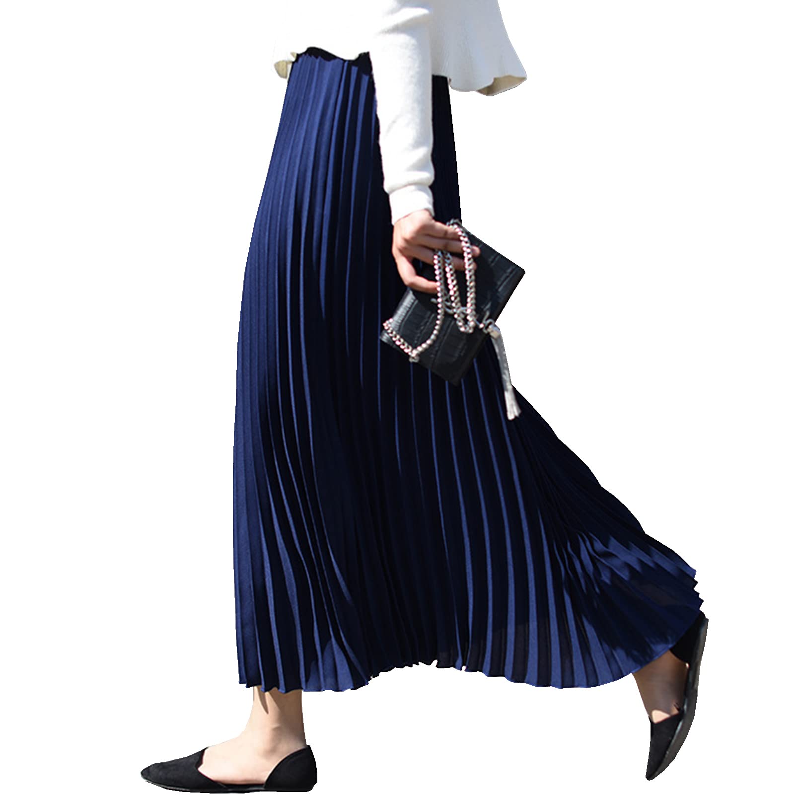 Yishengwan Long Skirts Women Elastic Waist Pleated Skirt Party Midi Flowy Skirts Navy M